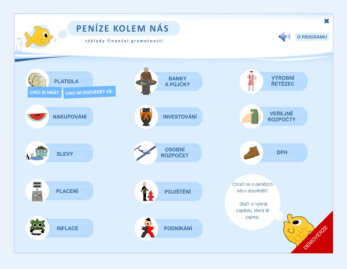 Kompletní grafika pro výukový program Peníze kolem nás